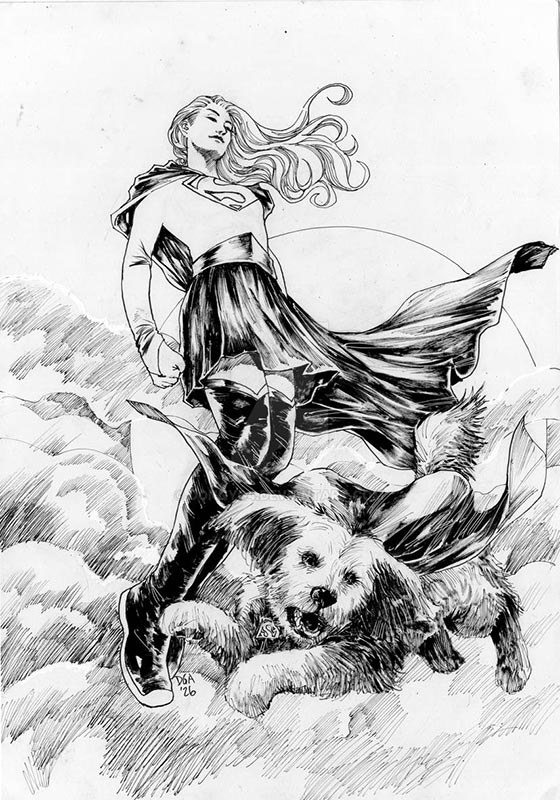 Supergirl and Krypto original comic art for sale — traditional ink drawing by Donny Gandakusuma